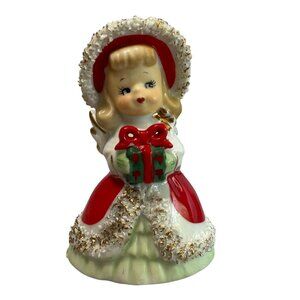 Lefton Christmas Angel Bell Red White Ceramic 4 1/2" Spaghetti Trim Figurine MCM